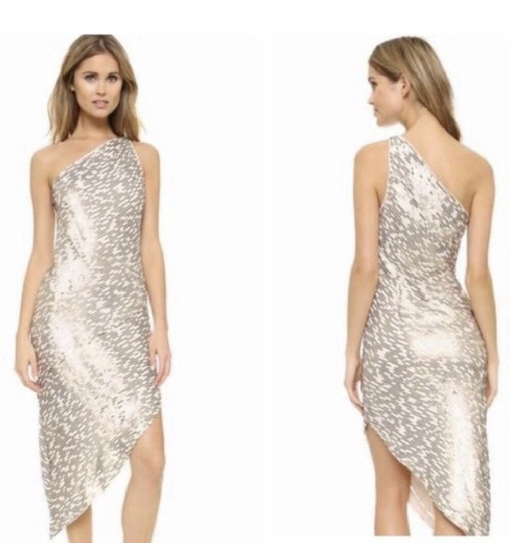 Halston Heritage Cream Gold One Shoulder Asymmetric Dress Size 10 NWT